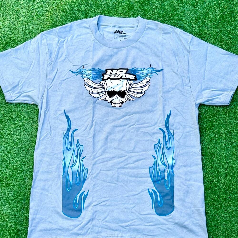 NO FEAR T Shirt Skull Feather Shirt Light Blue Tee Short Neck With Blue Flames